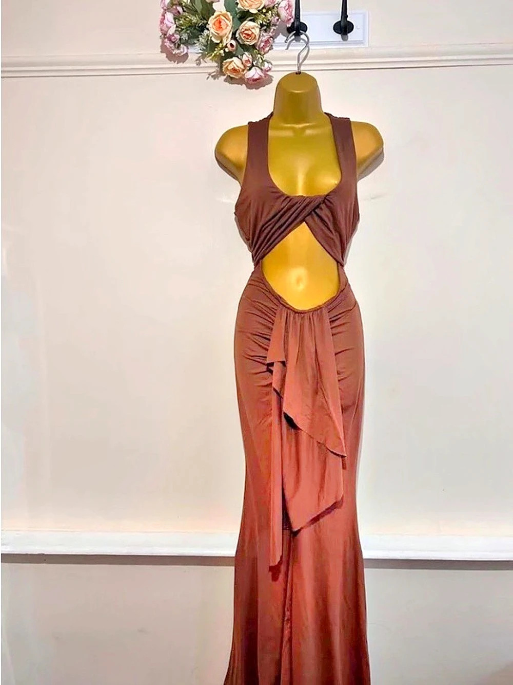 Oh Polly Margot Hardware Detail Cut-Out Halterneck Maxi Dress, Brown